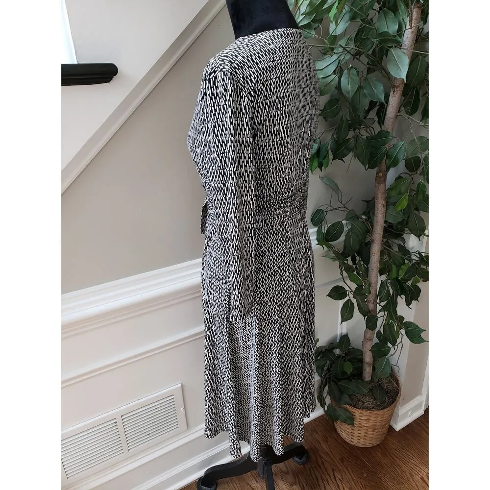 Black Label Wrap Dress Women's 6 Black White Geo Print Long Sleeve Waist Belted - Image 11