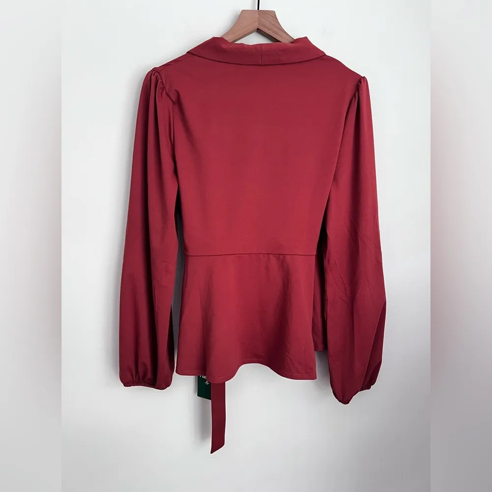 Halara Shawl Collar Wrapped Tie Side Ruffle Hem Work Blouse Reddish brown XL - Image 4