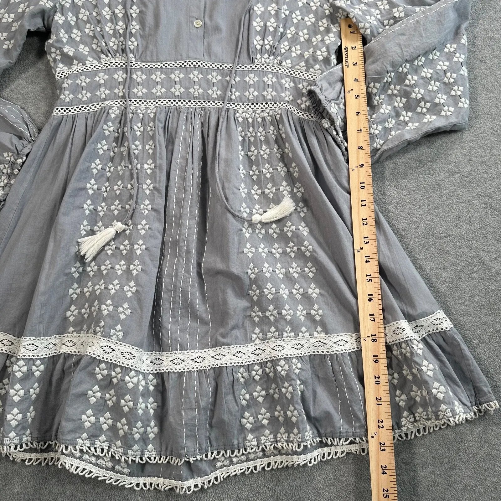 Area Stars Gray Embroidered Tia Dress Women's Large Long Sleeve Tasseled Button - Image 5