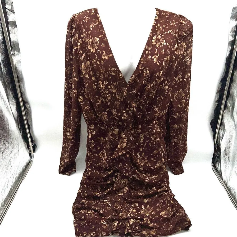 Save The Label Aura Beige/Brown Base Abstract Print Ruched Long Sleeve Dress-M - Image 5