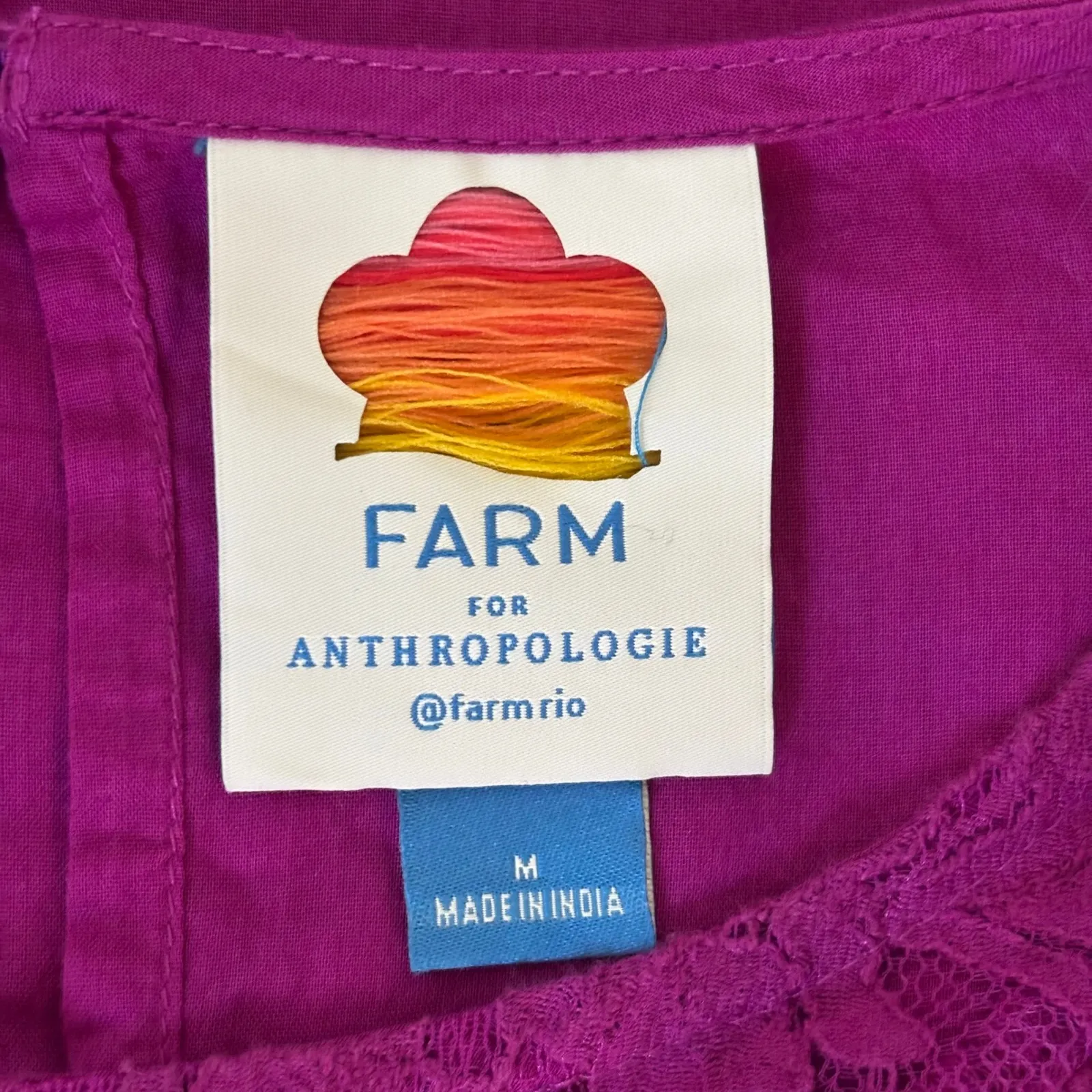 Farm Rio X Anthropologie Kelsie Peasant Blouse Sz M Purple Boho Puff Sleeve Lace - Image 4