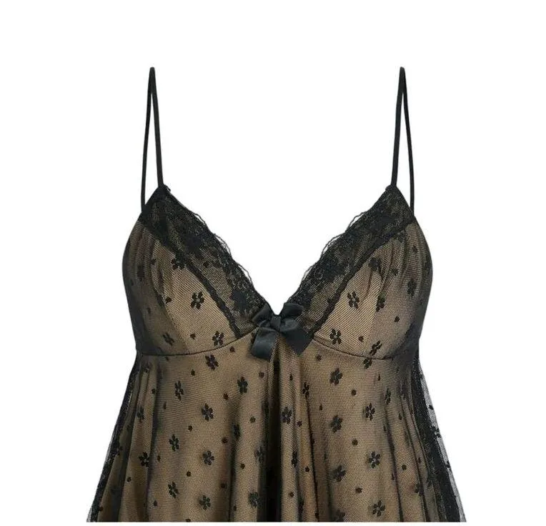 NWT Sexy Floral Lace VNeck Ruffle Cami Stretch Top Adjustable Straps L Black Tan - Image 2