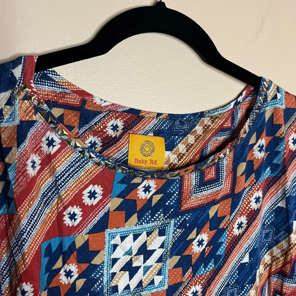 Ruby Rd. Large Boho Southwestern Studded Collar 3/4 Sleeve Blouse - Image 4