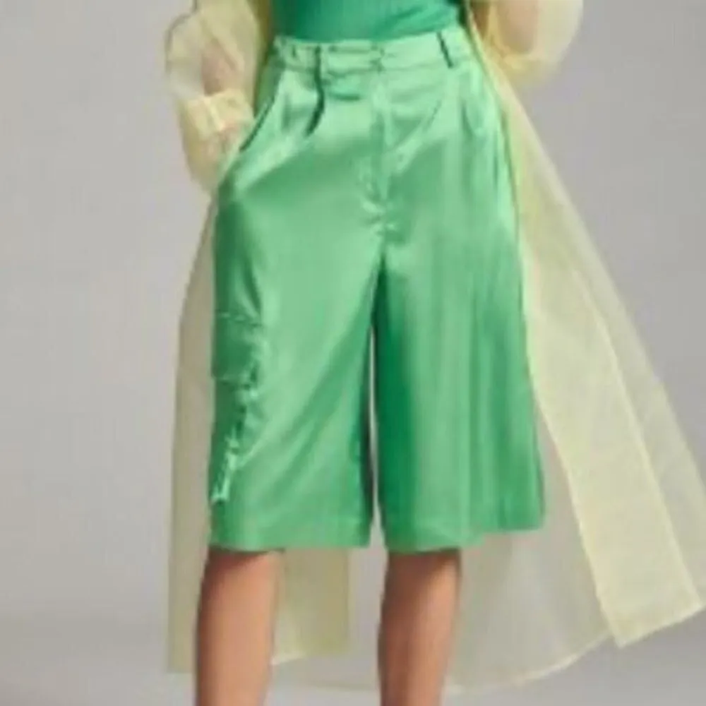 ANTHROPOLOGIE Hutch Pleated Utility Shorts Hi Rise Satin Green Size M NEW - Image 10