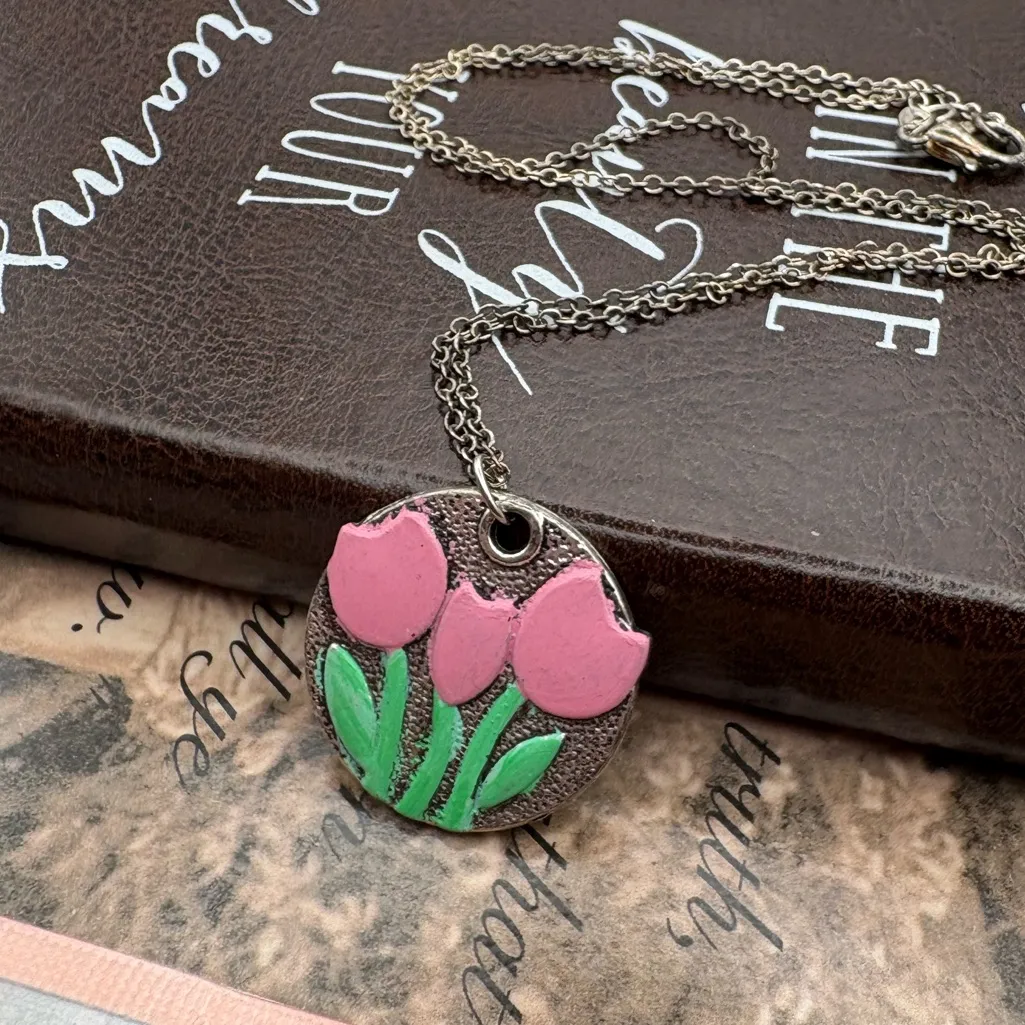 Vintage Enamel Tulip Pendant Necklace Silver Tone 18” Chain Pink - Image 2