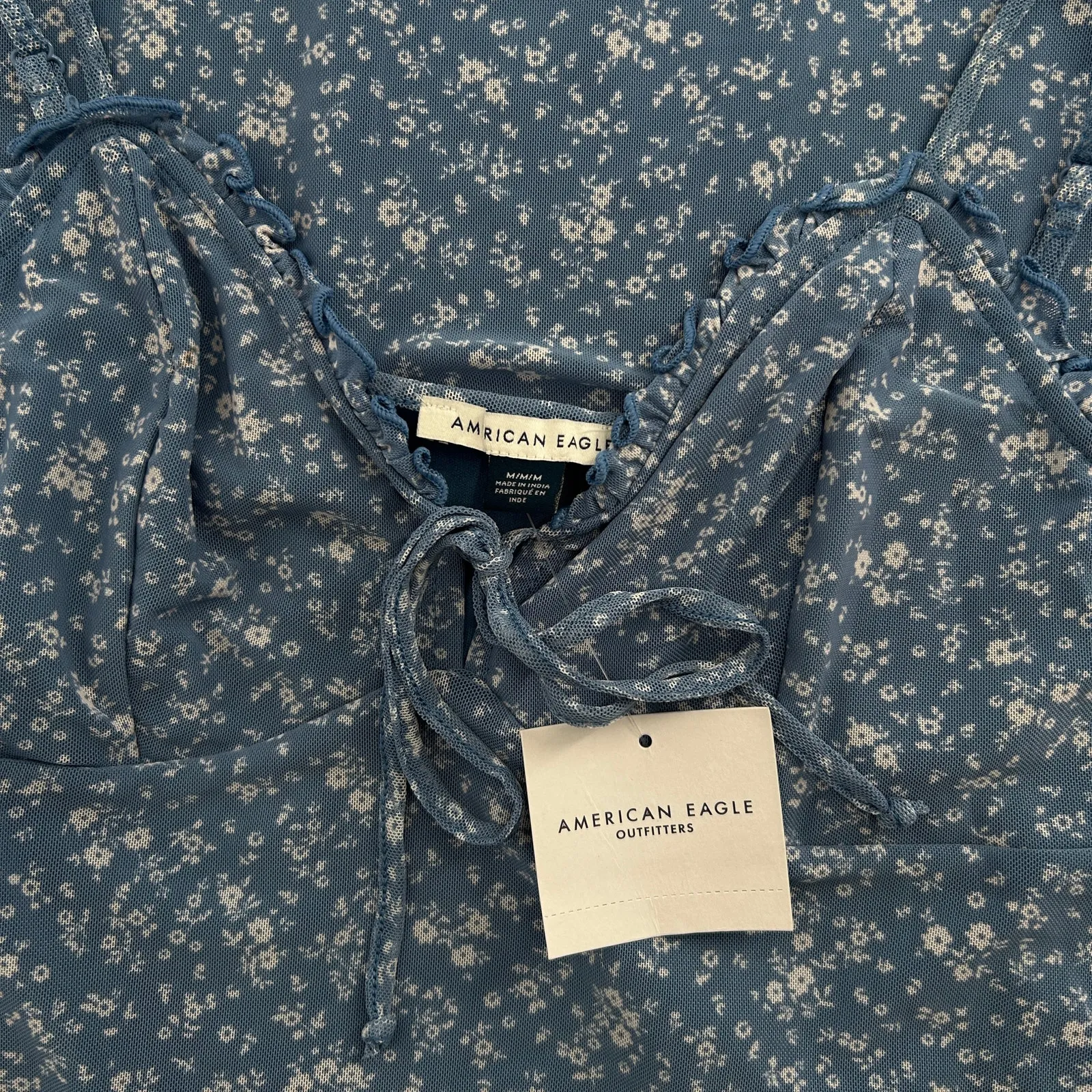 AMERICAN EAGLE Mini Slip Dress Womens Medium Babydoll Blue Floral Bow Feminine - Image 4