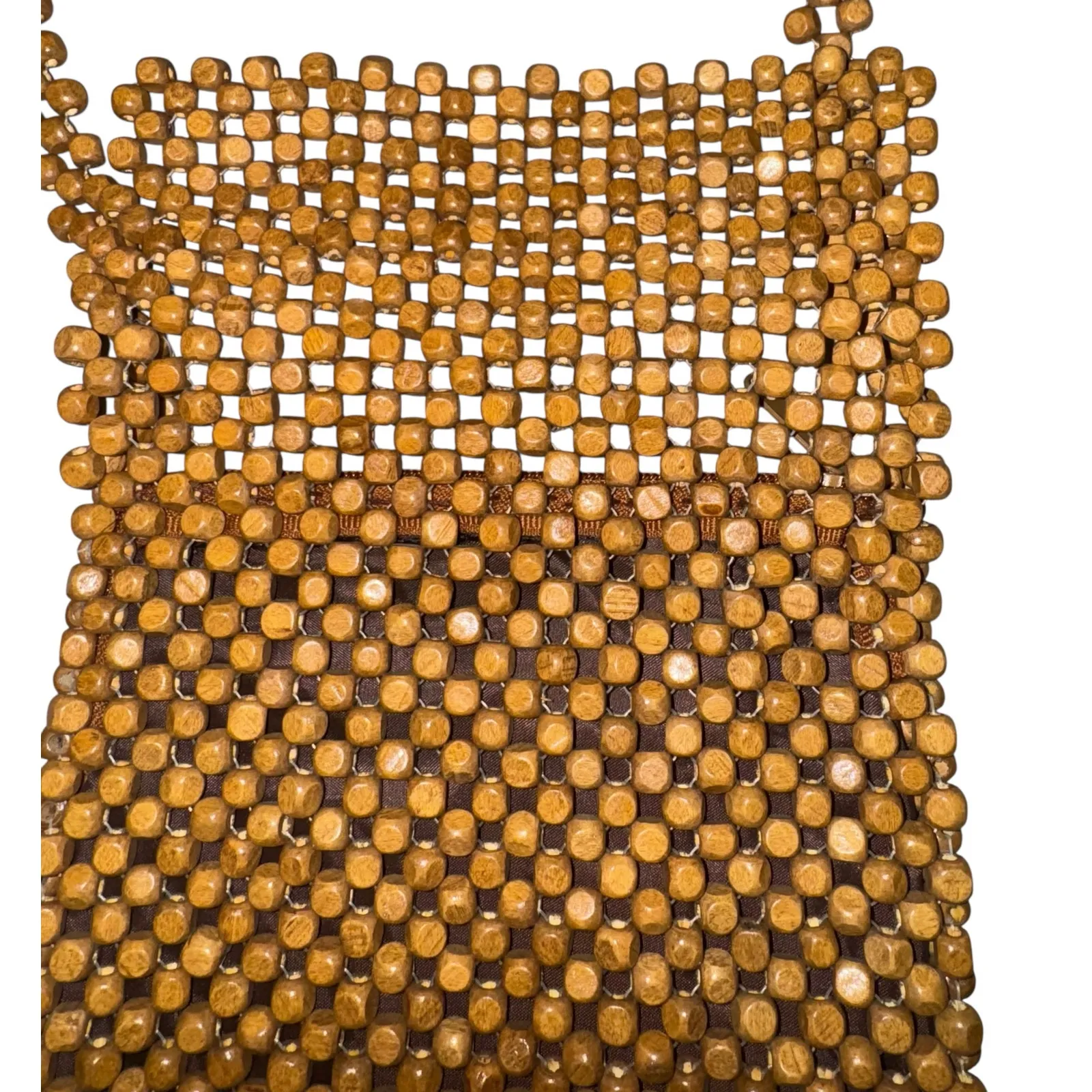 Wooden Beaded Crossbody Bag Purse Boho Hippie Granola Natural Textured 7x7.5 Brown - Image 3