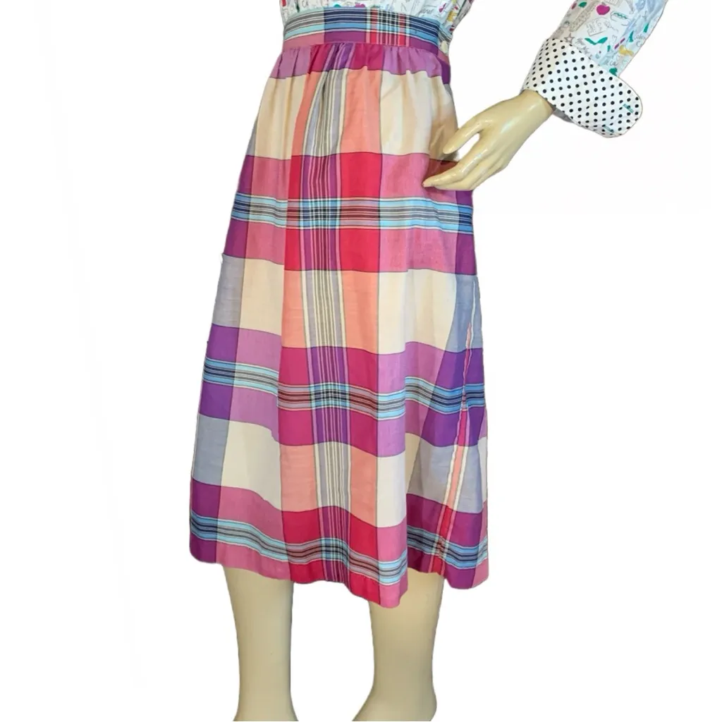 VINTAGE 1980'S ECCOTOO PINK, BEIGE & BLUE PLAID COTTON MIDI SKIRT (36/1X) Pink - Image 4