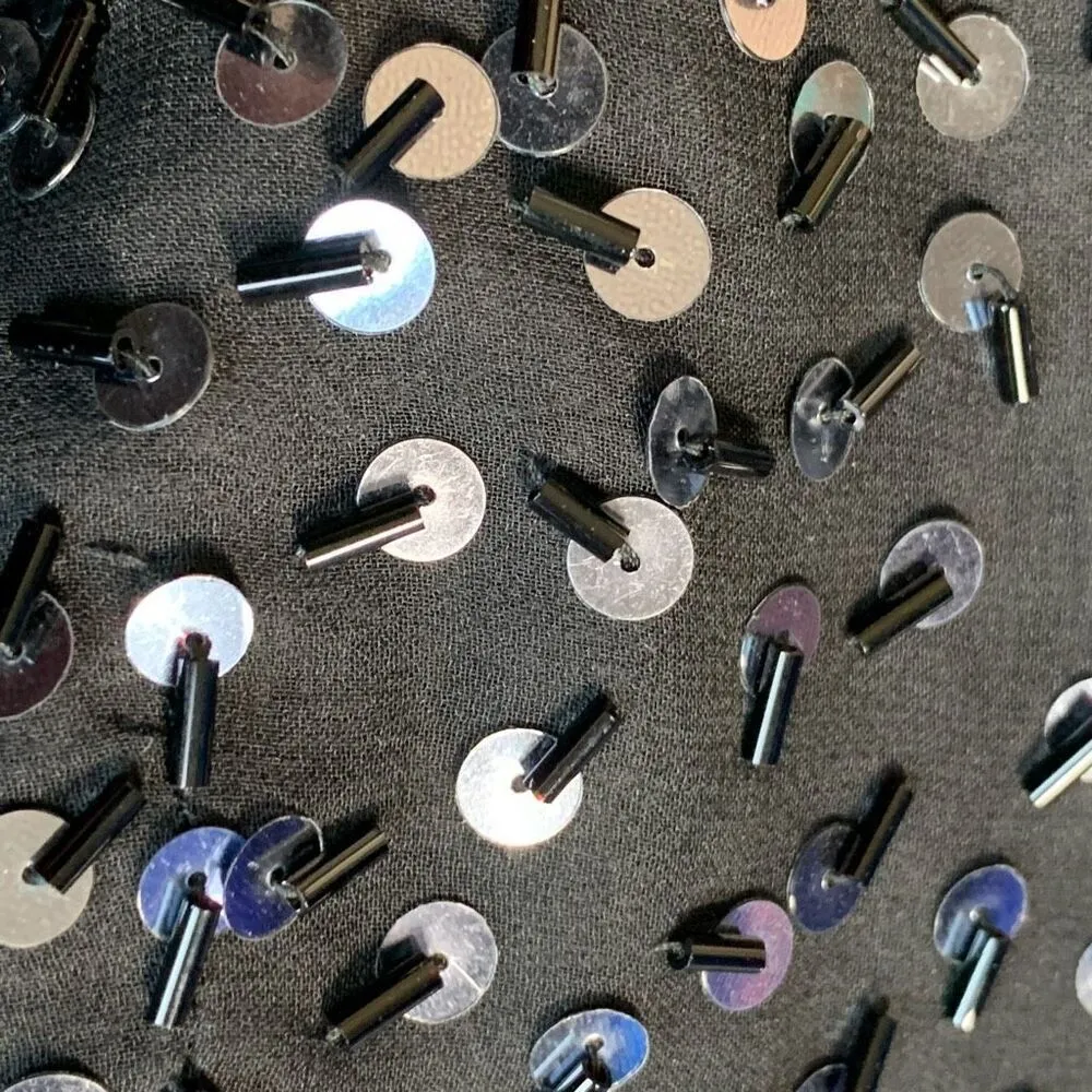 Vintage 80s Cocktail Dress Silk Black Metallic Sequin Fringe Sleeve Size 10 - Image 10