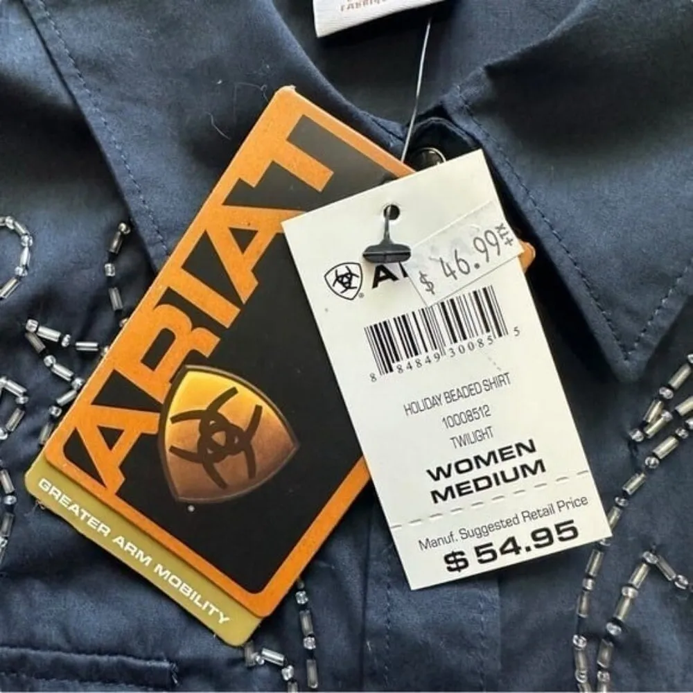 NEW Ariat Holiday Beaded Button Down Shirt Twilight Navy Blue Medium - Image 8