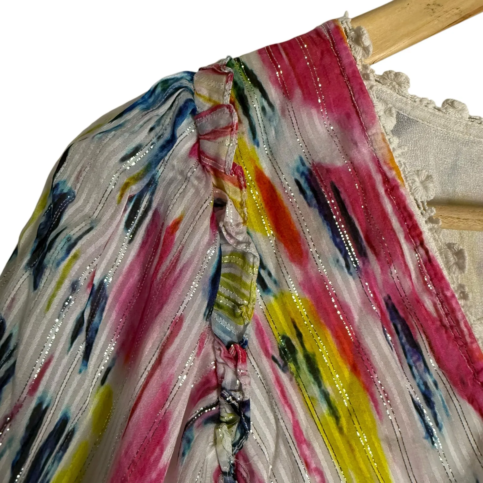 Hemant & Nandita Jorah Multicolor Tie Dye Print V-Neck Puff Sleeve Midi Dress S - Image 8