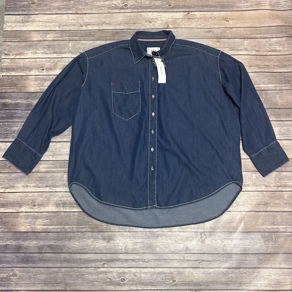 BDG Urban Outfitters Blue Denim Oversized Button Up White Stitching Hi Lo Blouse - Image 7