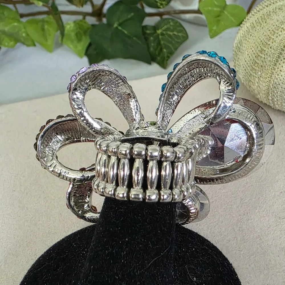 Large Statement Multi Color Bow Stretch Ring Red - Image 3