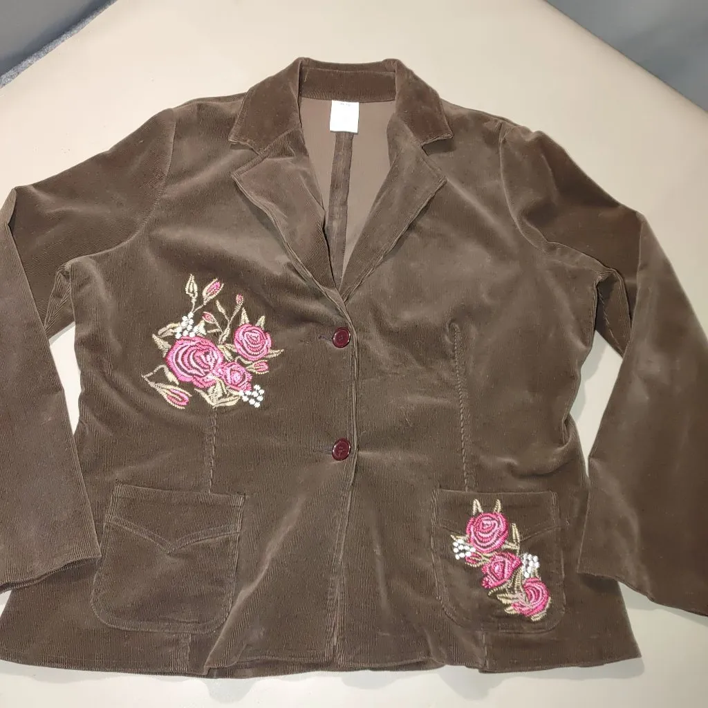 Corduroy Blazer Size XL Embroidered Roses Vintage Brown Pink Pockets Button - Image 10