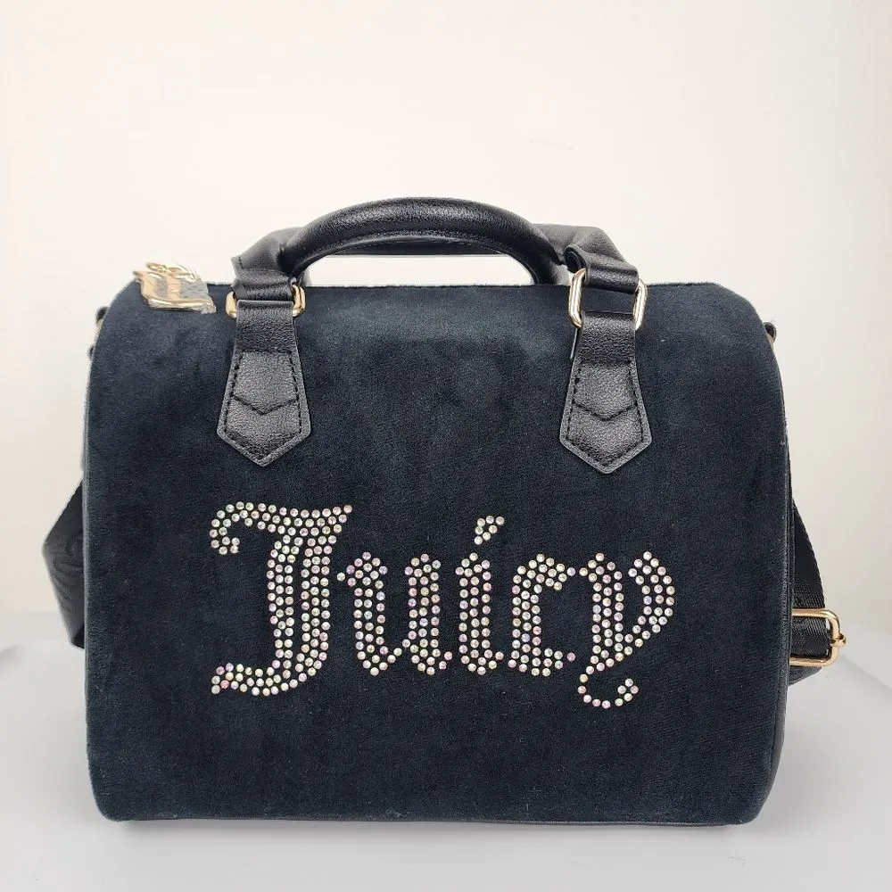 Juicy Couture Bag Obsession Satchel Black Velour Velvet Rhinestone Purse Handbag - Image 3