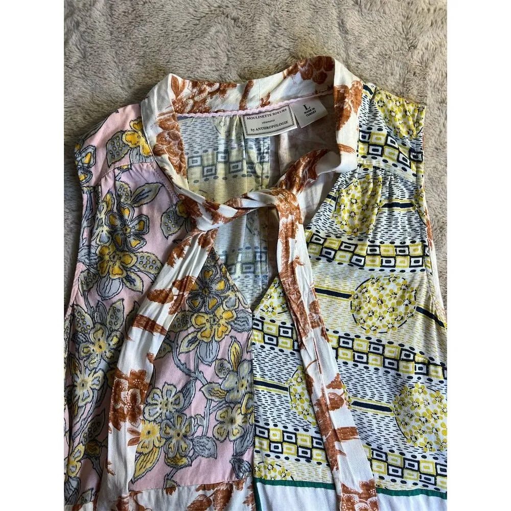 Moulinette Soeurs Women's L Patchwork Tie Neck Blouse Multicolor Tunic - Image 6