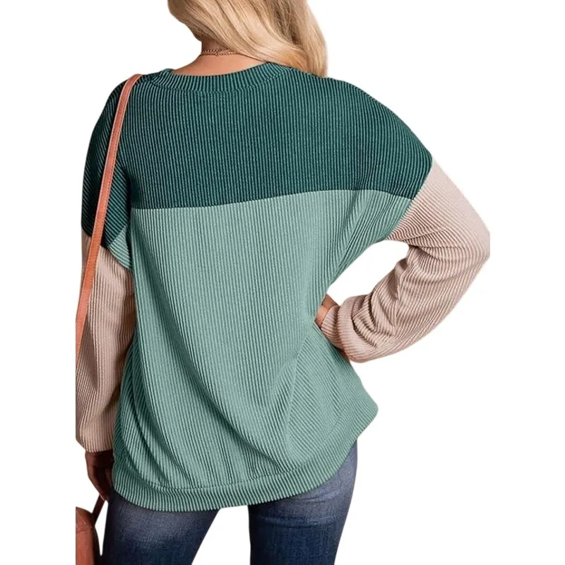 NWT ~ Green & Tan Color Block Long Sleeve Pullover Crewneck Top ~ Women's XL - Image 2