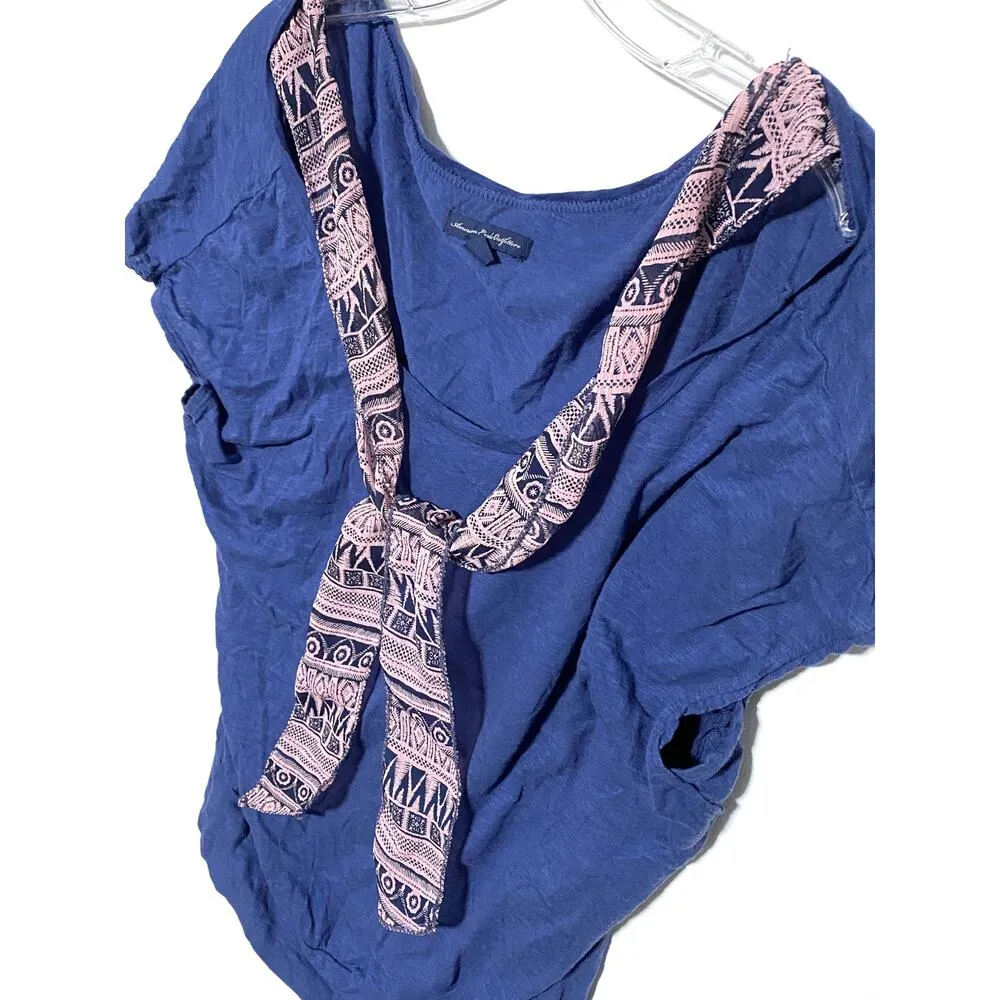 American Eagle Blue Pink Shirt With Bow Tie Aztec Accent Womens XS Stretch - Image 2