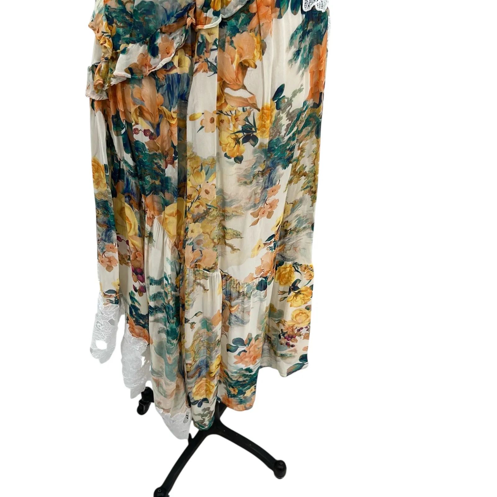 Anthropologie V-Neck‎ Ruffle Lace Slip Dress Floral White Multicolor Size US 4 - Image 14