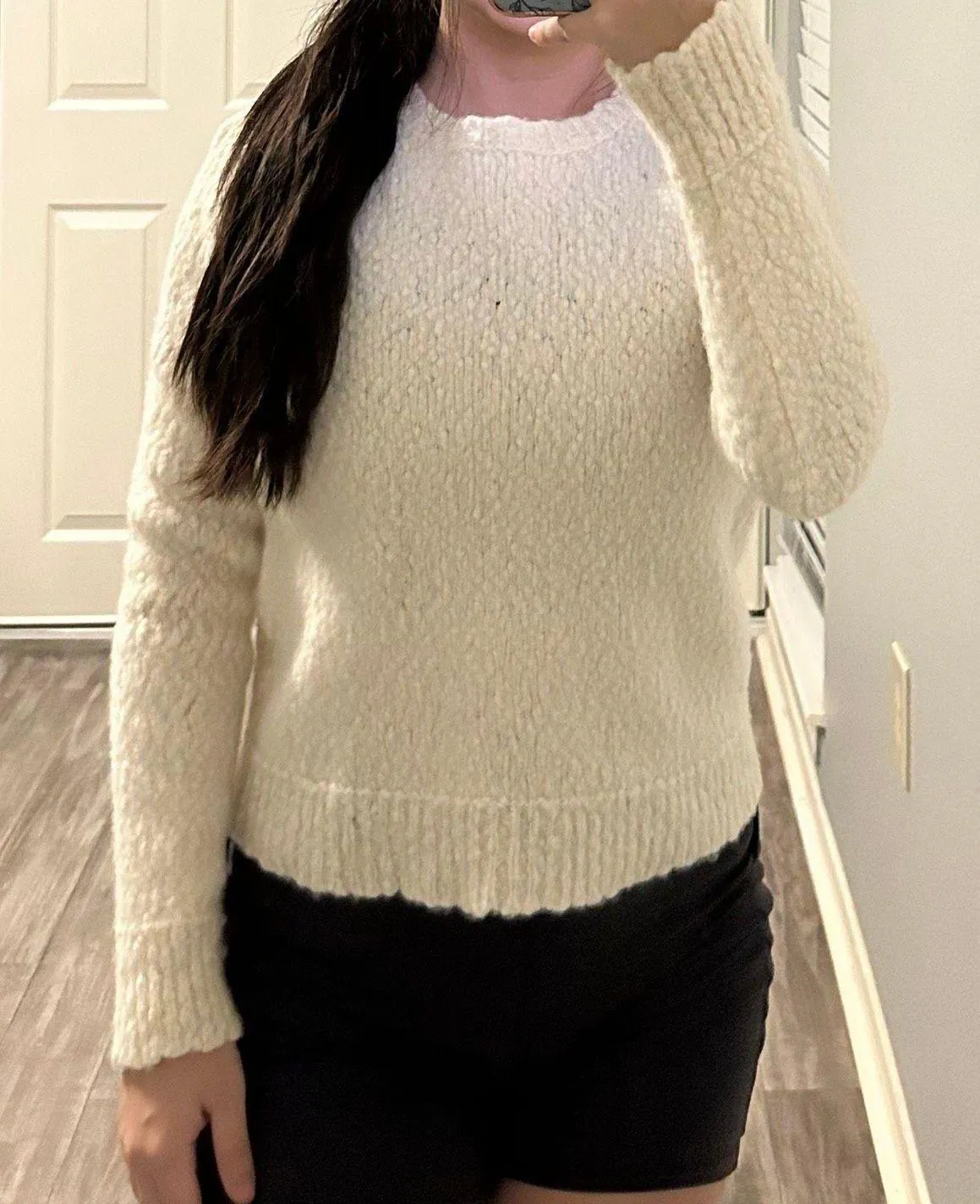 Vintage Outdoor Winter Thick Knit Textured Off White Chunky Long Sleeve Sweater Tan - Image 1