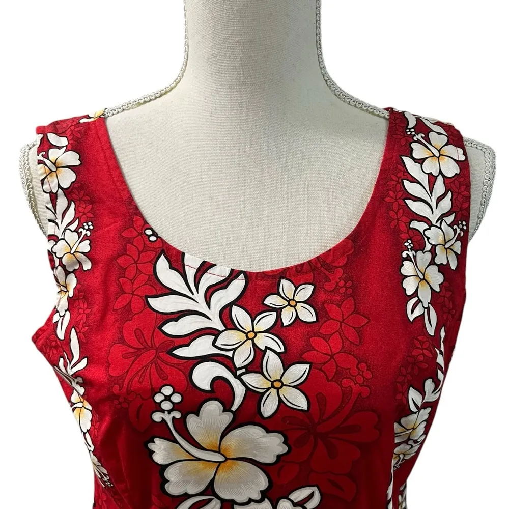 Vintage Jade Fashions Floral Hawaiian Print Sleeveless Dress Luau Made in Hawaii Red - Image 3
