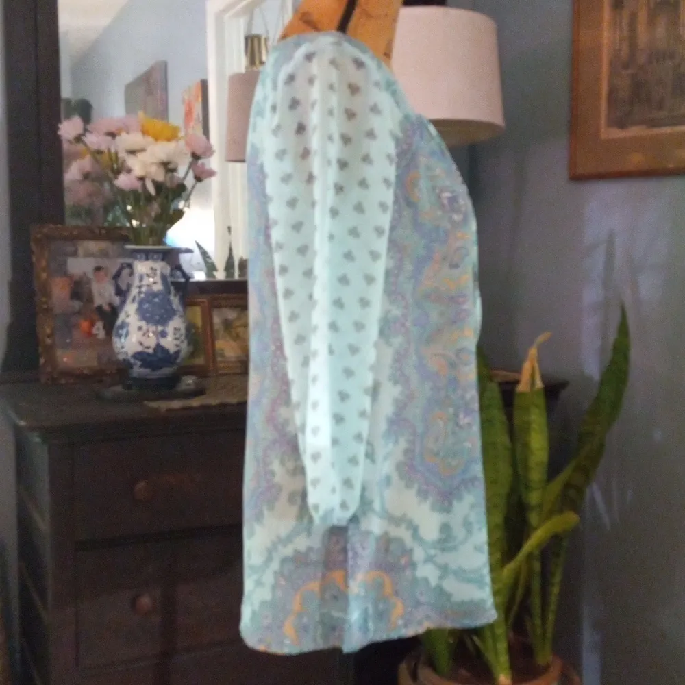 Ann Taylor Aqua and Lavender Paisley Print Boho Sheer Peasant Blouse - Image 6