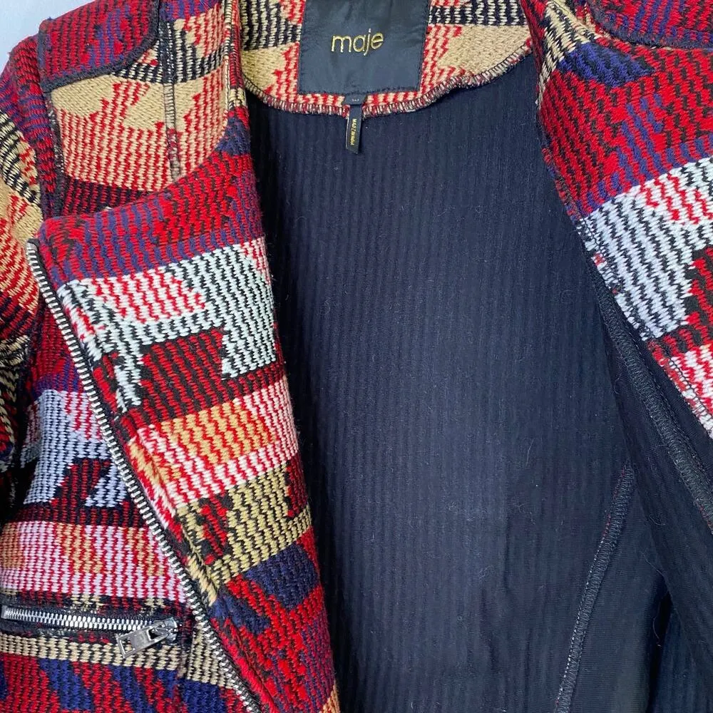 Maje Aztec Moto Jacquard Jacket Asymmetric Zip Front Sz 38 Medium Quiet Luxury - Image 11