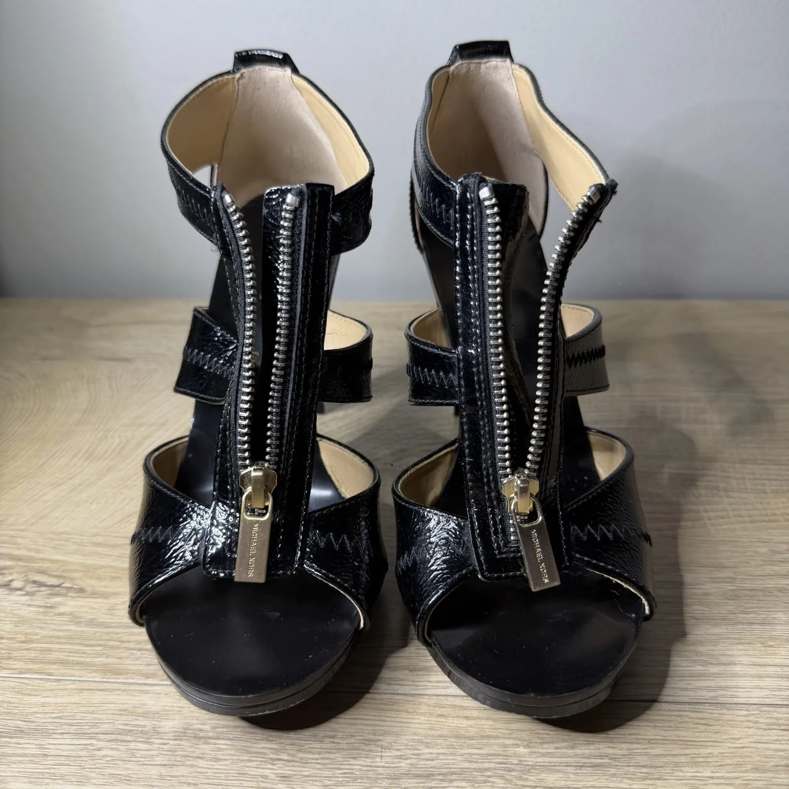 Michael Kors MK Black Patent Strappy Zipper Cage Heel Sandal Goth Punk Party 7.5 - Image 5