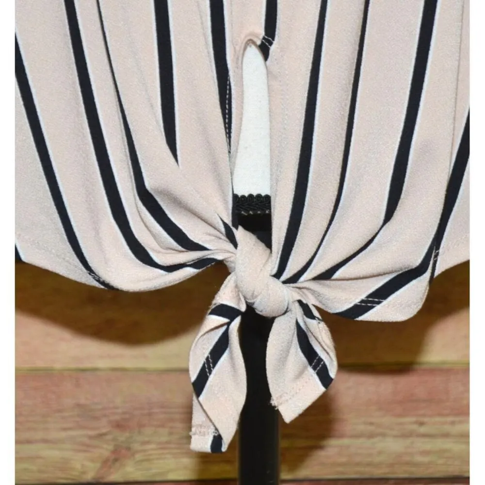 Adriana Papell Beige/Pink & Black Striped Tie Front Sleeveless Blouse Ladies M O - Image 3