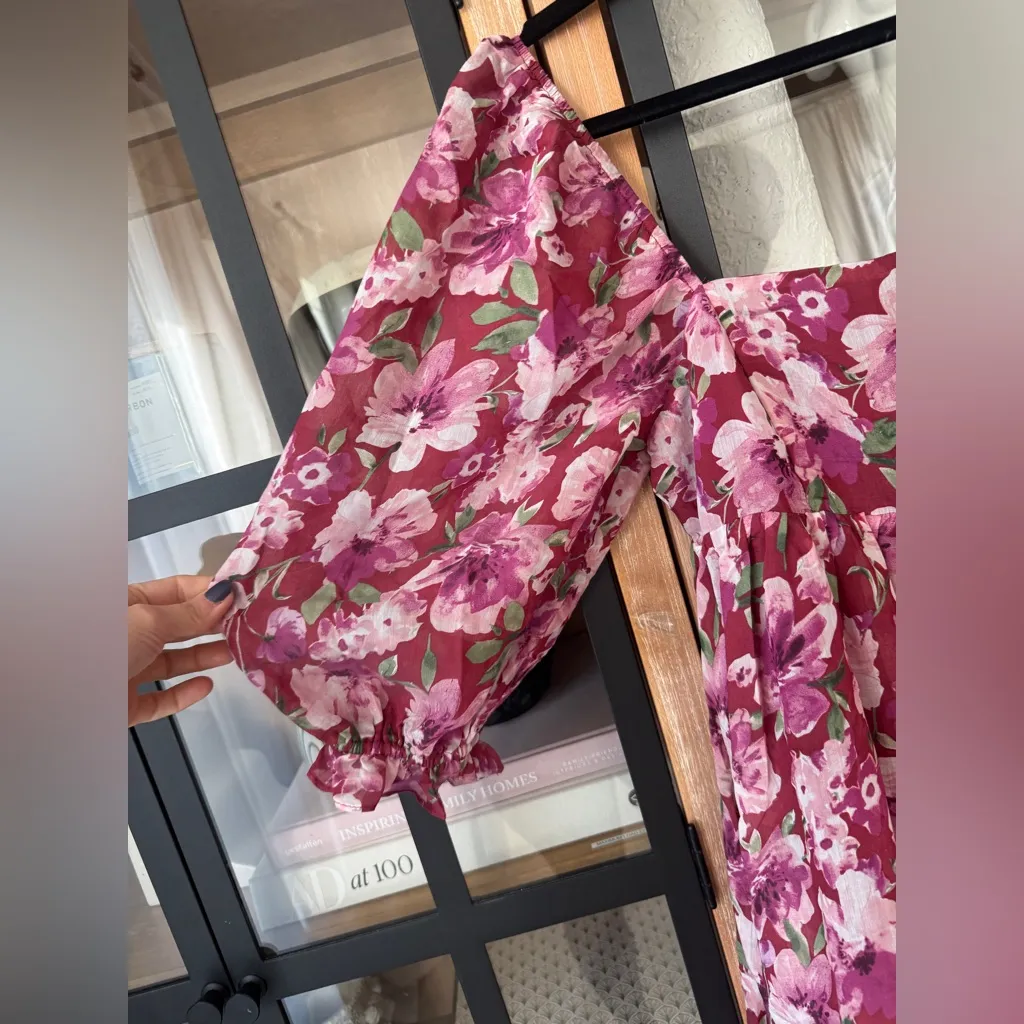 NWT Storia floral maxi dress wedding guest puff sleeve square neck burgundy - Image 6