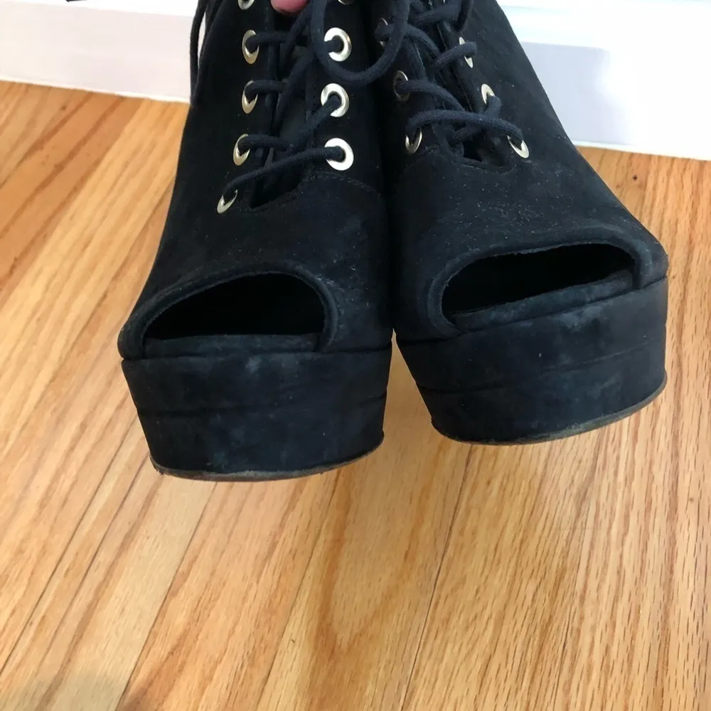 Diane Von Furstenberg Payton Black Wedge Boots Peep Toe Lace Up Black Su… - Image 6