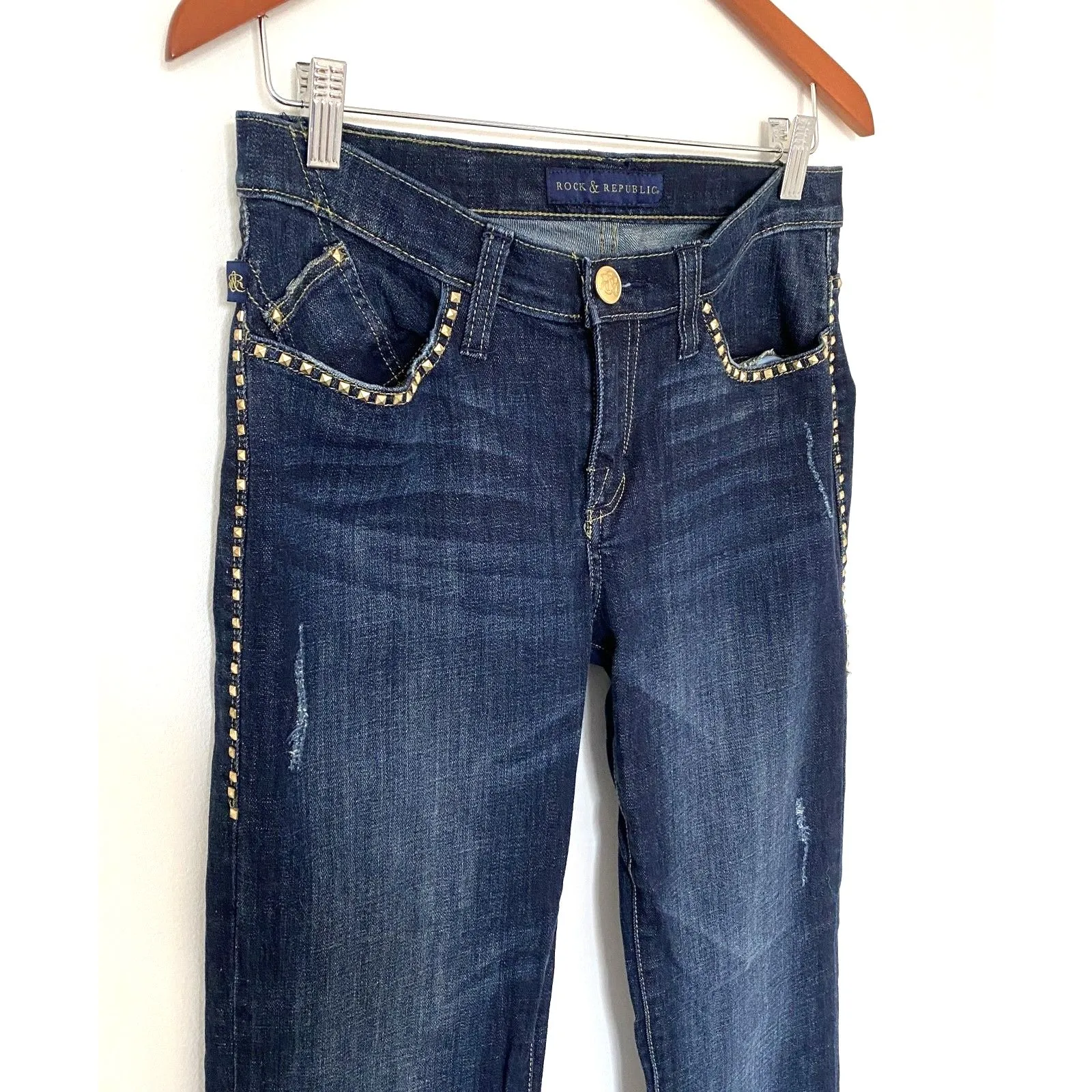 Rock & Republic Kasandra Y2K Dark Wash Bootcut Jeans Gold Studs Distressed Sz 10 - Image 12