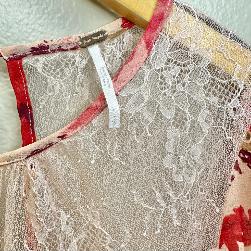 Free People Daphne Pink and Red Floral Lace Smocked Ruffle Blouse - Image 6
