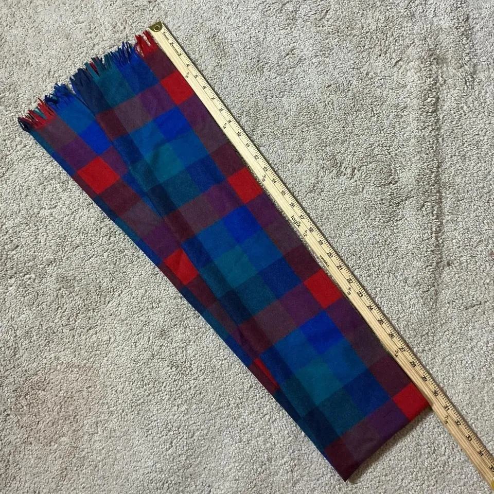 Pendleton Plaid Virgin Wool Scarf Blue Red Purple Fringe Preppy Winter Warm - Image 3