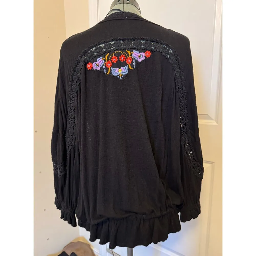 Free People Serafina Boho Embroidered Crochet Black Colorful Top Medium - Image 8