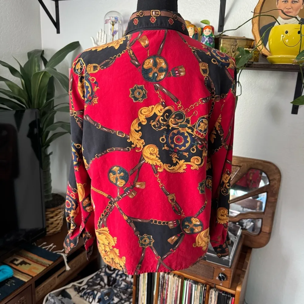 Vintage 90’s Talbots Petites Equestrian Baroque Print Silk Button-Up Shirt - Image 4