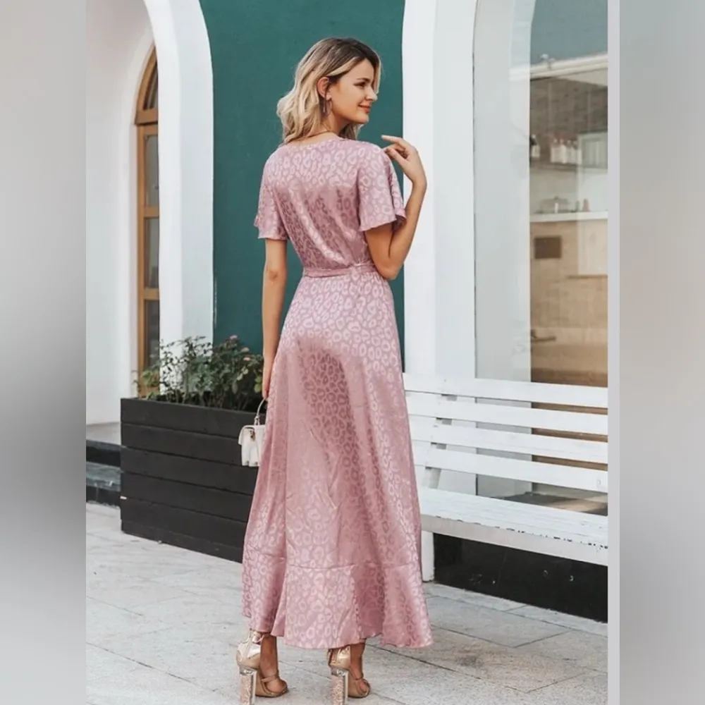 Pink blush leopard animal print satin true wrap maxi dress size medium - Image 3