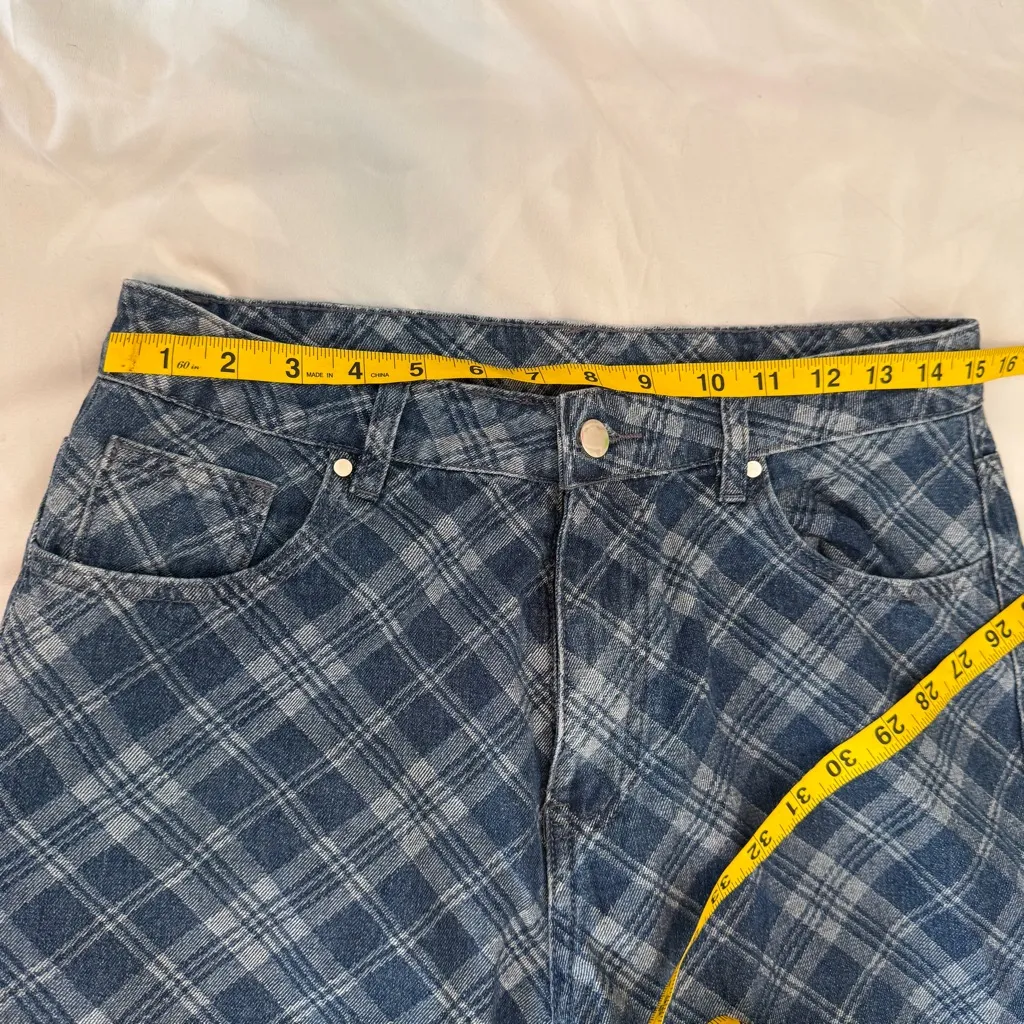 Cider Plaid Jeans Blue Denim Wide Leg Women’s Large Y2K - Image 4