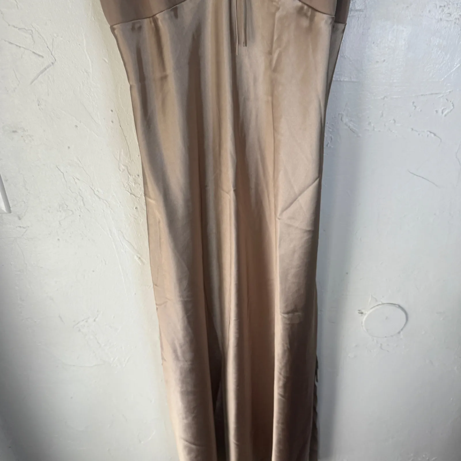 Y2k‎ Champagne Satin Slip Dress Lace Trim Midi Party Going Out Small Tan - Image 2