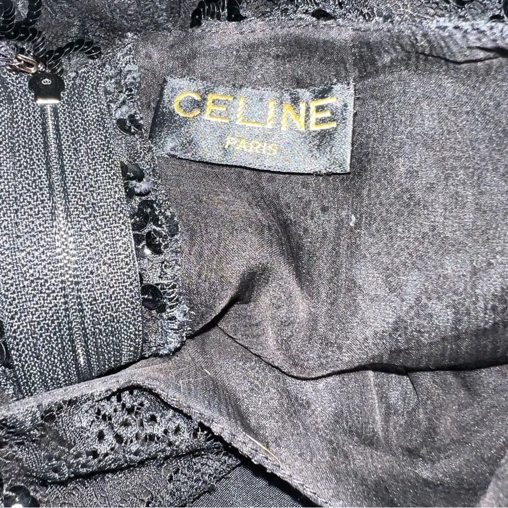 Vintage 1980s Celine Paris Black Silk Lace Sequin Evening Cocktail Dress FR 42 - Image 7