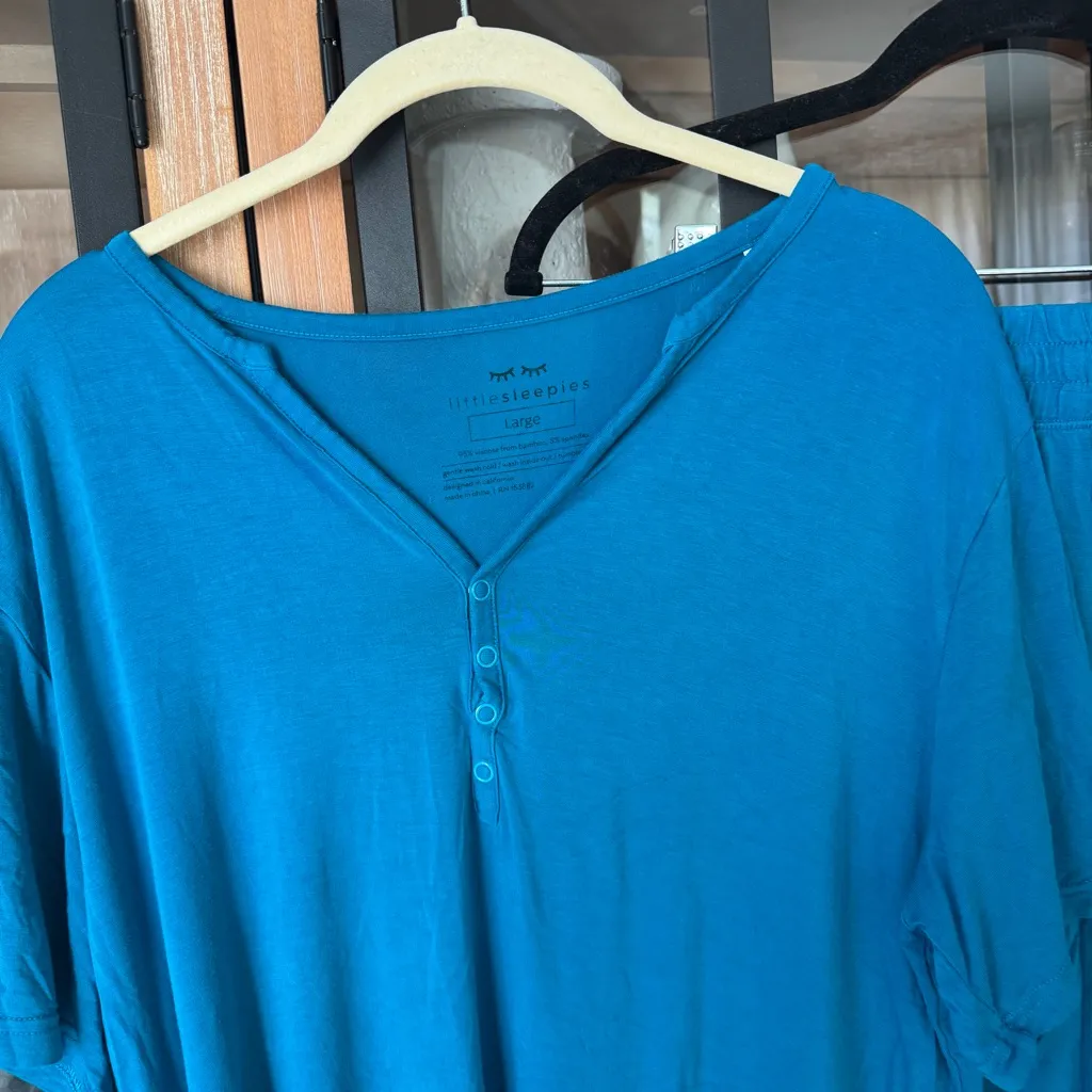 Little Sleepies pajamas set adult teal shorts sleeve henley top tee bamboo Blue Size L - Image 2