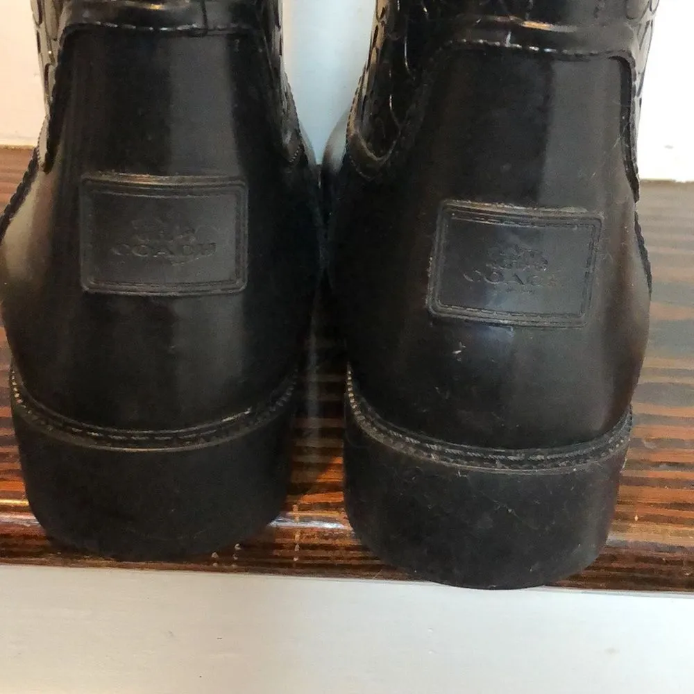 COACH Jacquard Signature C Laced Up Back Bow Heeled Black Rainboots Sz 9 - Image 5