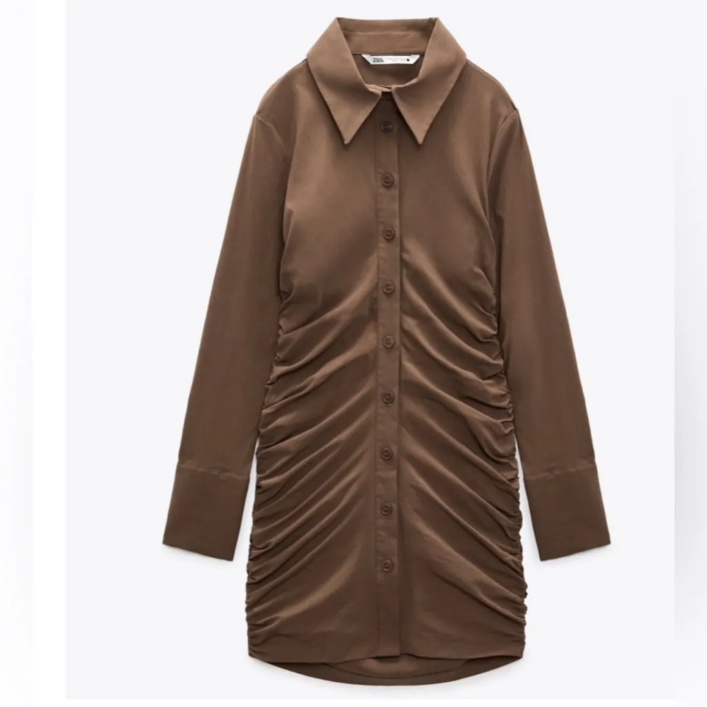 Zara  Mini Shirt Dress with Gathering Long Sleeve Button-Up Brown Dress XS - Image 2