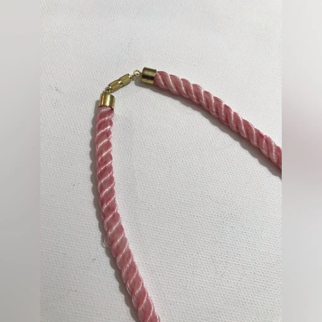 Vintage Cloisonne Pink Blue Floral Necklace Gold Tone On Pink Silk Rope 16 in - Image 3