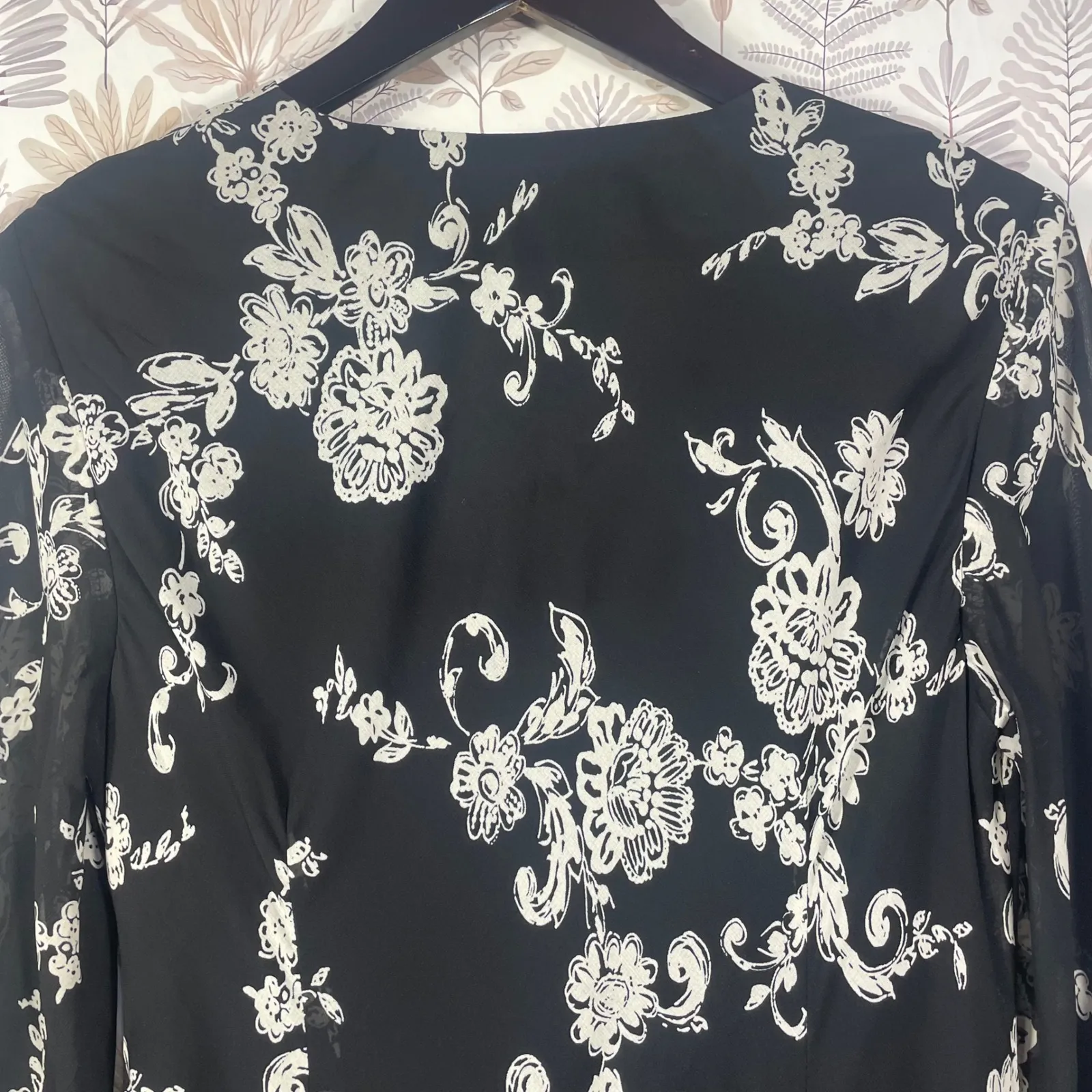 Vtg Donna Ricco‎ New York Black White Floral Print Midi Dress Women's 14 Draped - Image 8