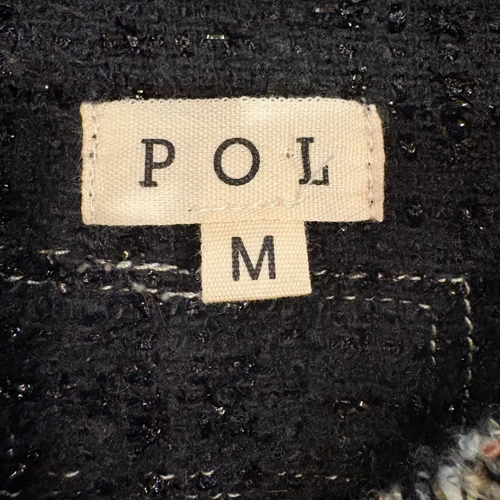 POL raw edge tweed cropped jacket sz M button down black beige - Image 4