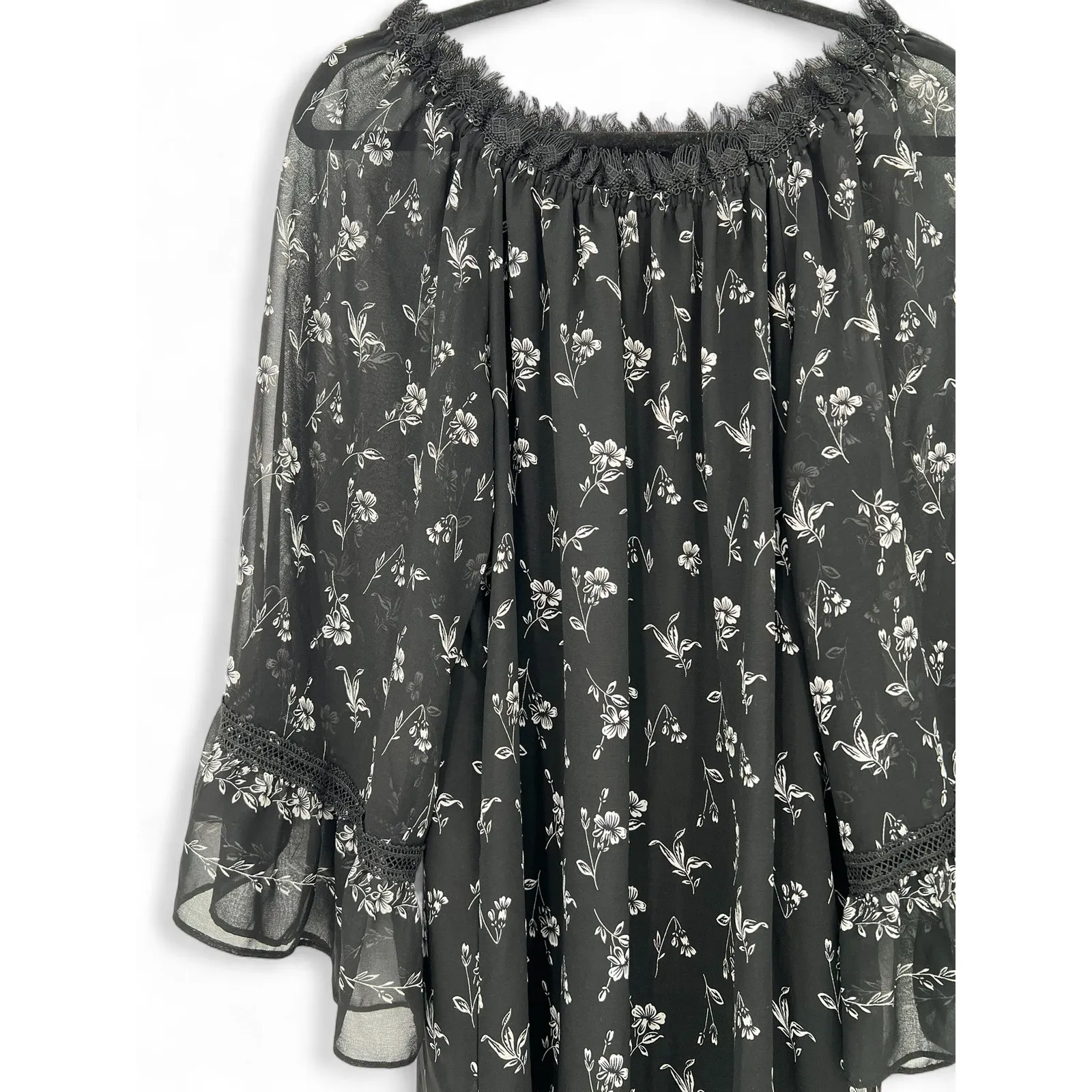 Max Studio  L Dress dark floral print off-the-shoulder shift dress Sheer Ruffle - Image 3