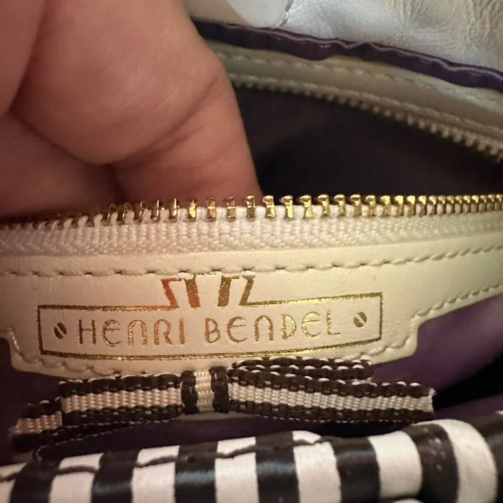 Henri Bendel Brown & White Stripe Perforated Clutch Bag Purple Satin Interior - Image 5