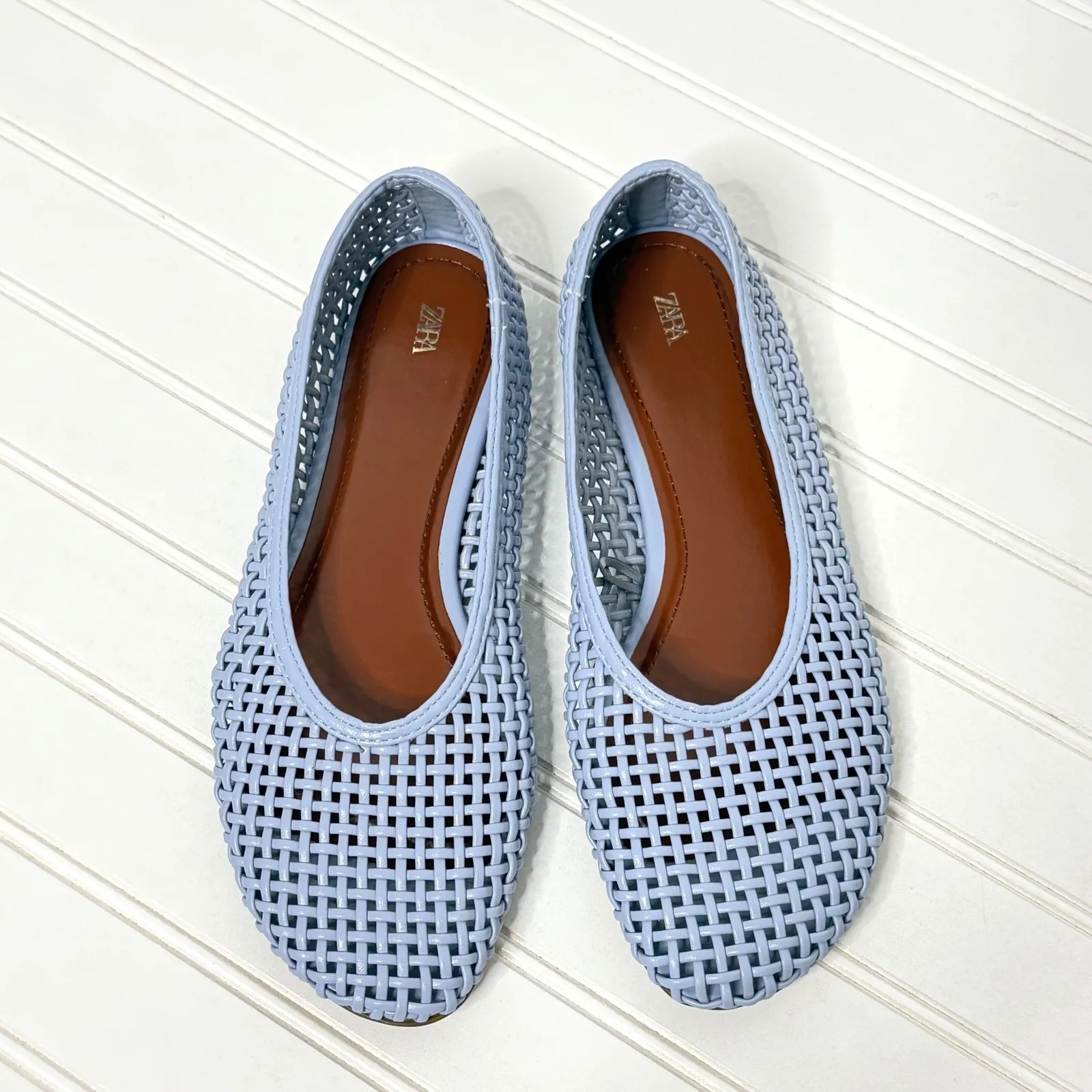 ZARA Women Periwinkle Woven Ballet Flats Perforated Slip On Shoes Size 40 EU - Image 2