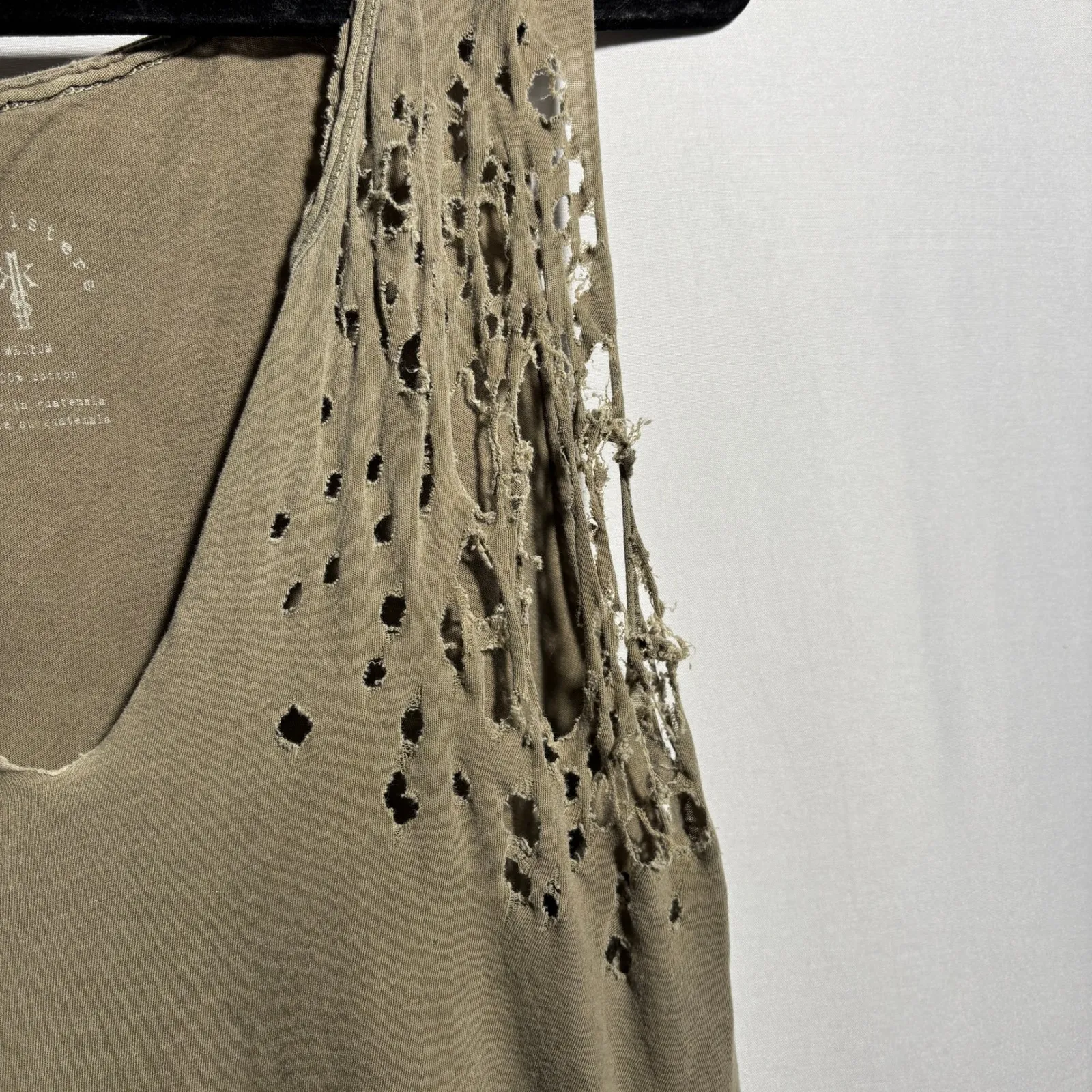 Knot Sisters Distressed Tank Olive Green Cotton Festival Grunge Holes M V Neck - Image 8